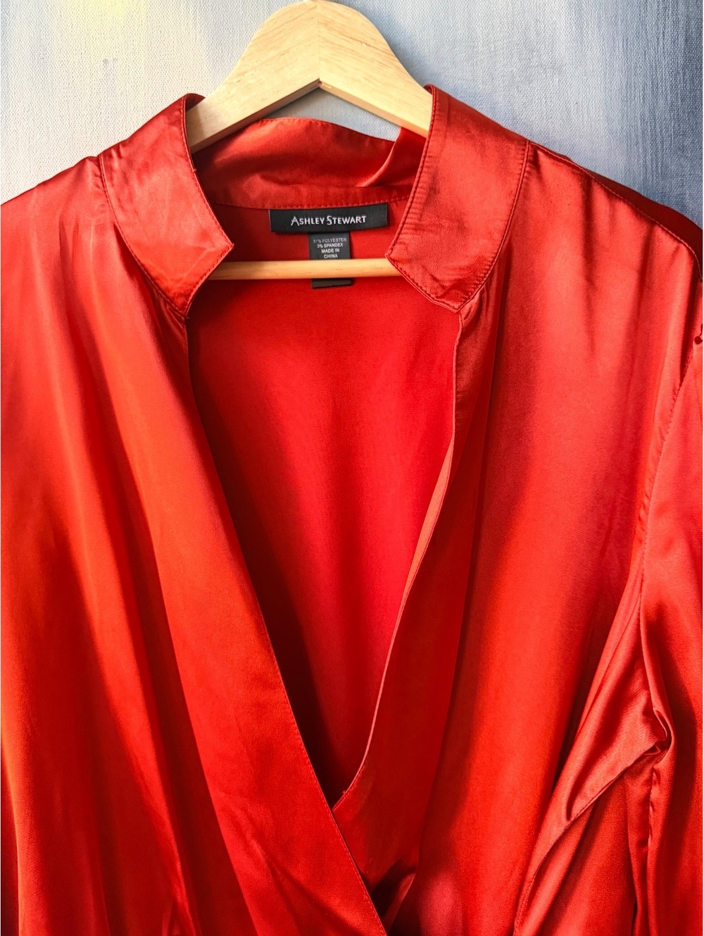 Ashley Stewart Poppy Red Orange Satin Wrap Blouse 14W - Picture 2 of 7